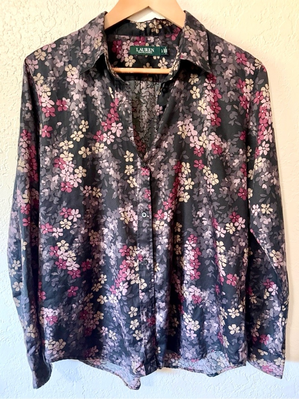 Lauren Ralph Lauren Floral Long Sleeve Sateen Blouse Cotton Button Up Black Sz L